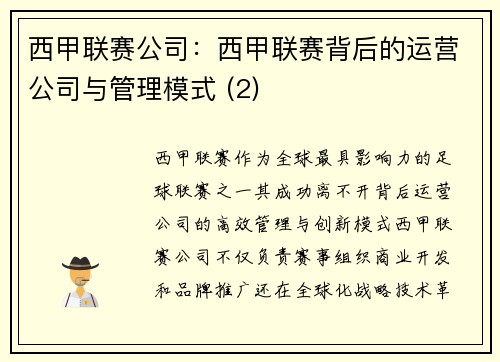 西甲联赛公司：西甲联赛背后的运营公司与管理模式 (2)