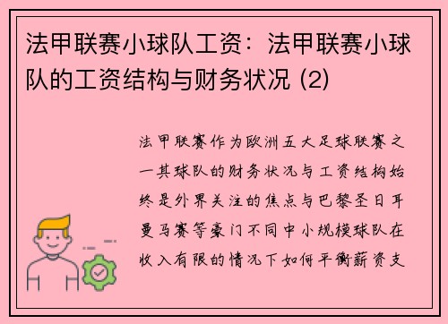 法甲联赛小球队工资：法甲联赛小球队的工资结构与财务状况 (2)
