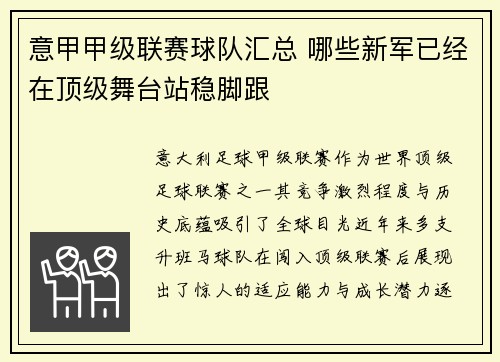 意甲甲级联赛球队汇总 哪些新军已经在顶级舞台站稳脚跟